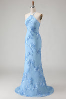 Laden Sie das Bild in den Galerie-Viewer, Hellblaues Meerjungfrauen Neckholder Rückenloses Langes Ballkleid mit Blumen Stickerei