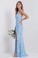 Laden Sie das Bild in den Galerie-Viewer, Hellblaues Scheide Langes Neckholder Blumen Besticktes Hochzeitsgastkleid mit Schlitz