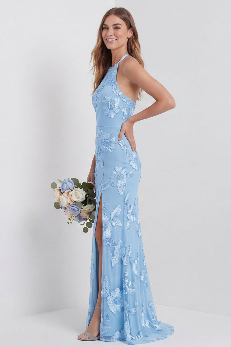 Laden Sie das Bild in den Galerie-Viewer, Hellblaues Scheide Langes Neckholder Blumen Besticktes Hochzeitsgastkleid mit Schlitz