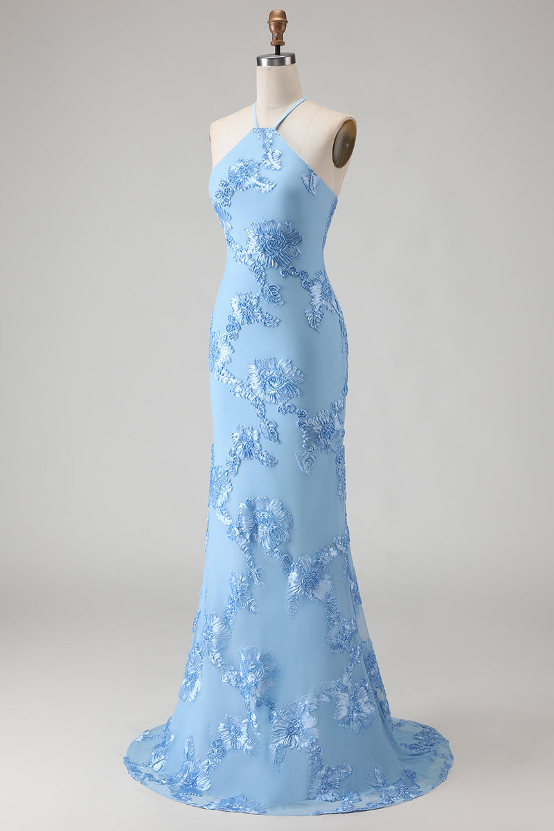 Laden Sie das Bild in den Galerie-Viewer, Hellblaues Meerjungfrauen Neckholder Rückenloses Langes Ballkleid mit Blumen Stickerei
