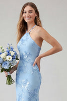 Laden Sie das Bild in den Galerie-Viewer, Hellblaues Meerjungfrauen Neckholder Rückenloses Langes Ballkleid mit Blumen Stickerei