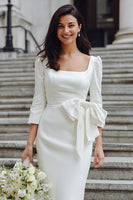 Laden Sie das Bild in den Galerie-Viewer, Elfenbein Bodycon Midi Standesamtkleid mit quadratischem Ausschnitt und Ärmeln