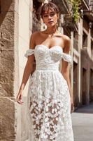 Laden Sie das Bild in den Galerie-Viewer, Elfenbein Langes Schulterfreies Standesamtkleid aus Spitze in A-Linie