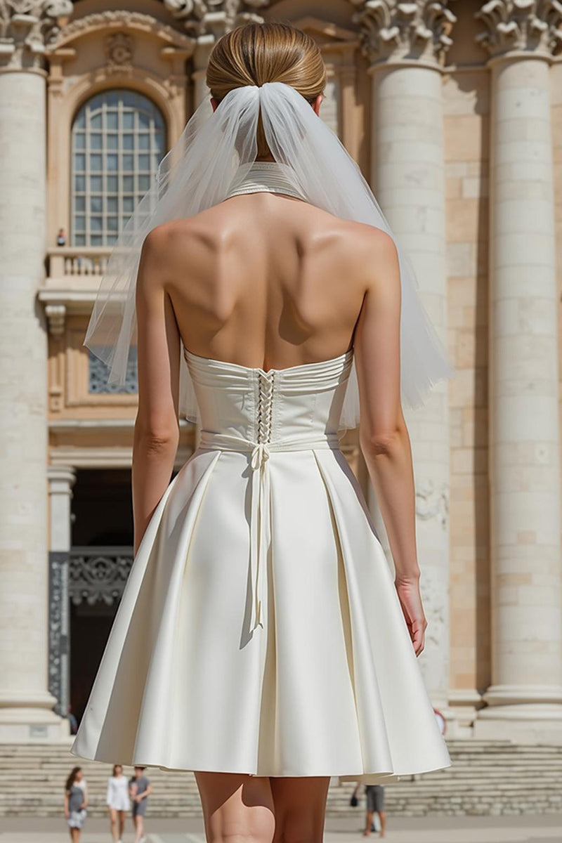 Laden Sie das Bild in den Galerie-Viewer, Weißes Kurzes A-Linie Standesamtkleid aus Satin mit Schärpe