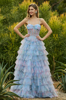 Laden Sie das Bild in den Galerie-Viewer, Blaues A-Linie Blumen Rüschen Korsett Langes Ballkleid mit Schlitz