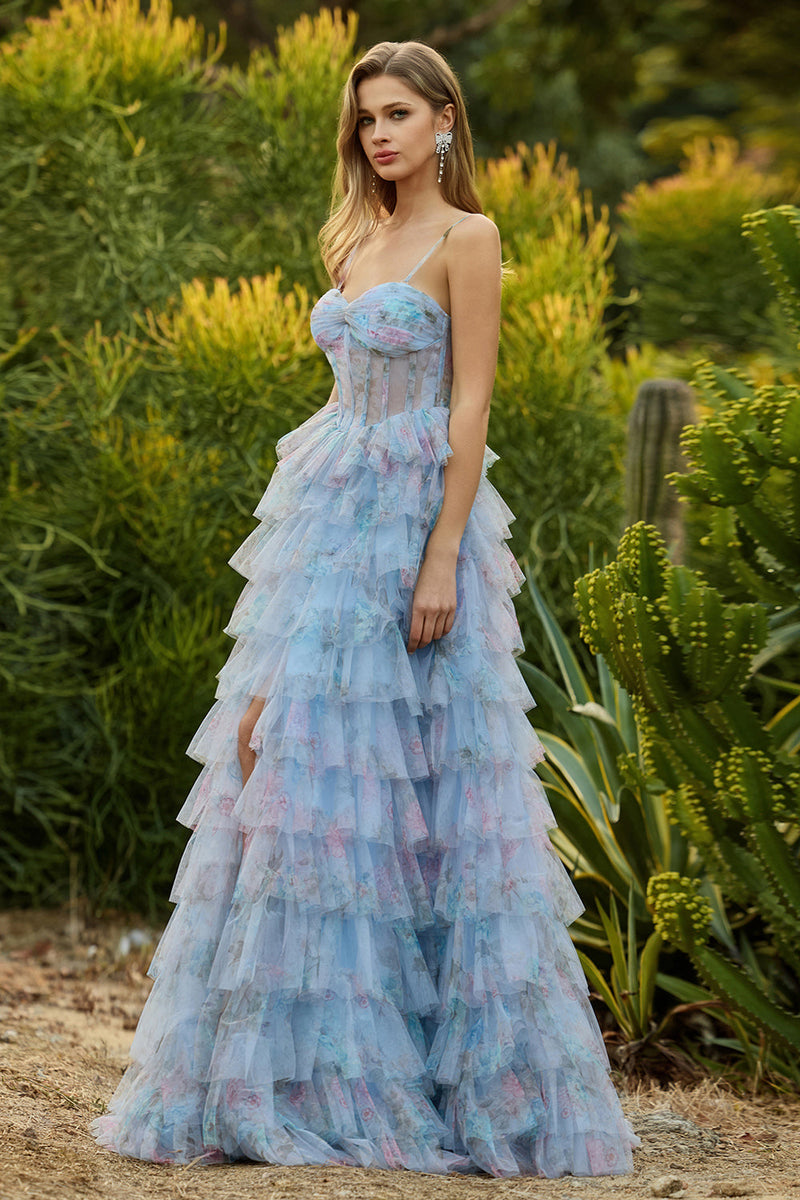 Laden Sie das Bild in den Galerie-Viewer, Blaues A-Linie Blumen Rüschen Korsett Langes Ballkleid mit Schlitz
