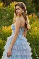 Laden Sie das Bild in den Galerie-Viewer, Blaues A-Linie Blumen Rüschen Korsett Langes Ballkleid mit Schlitz
