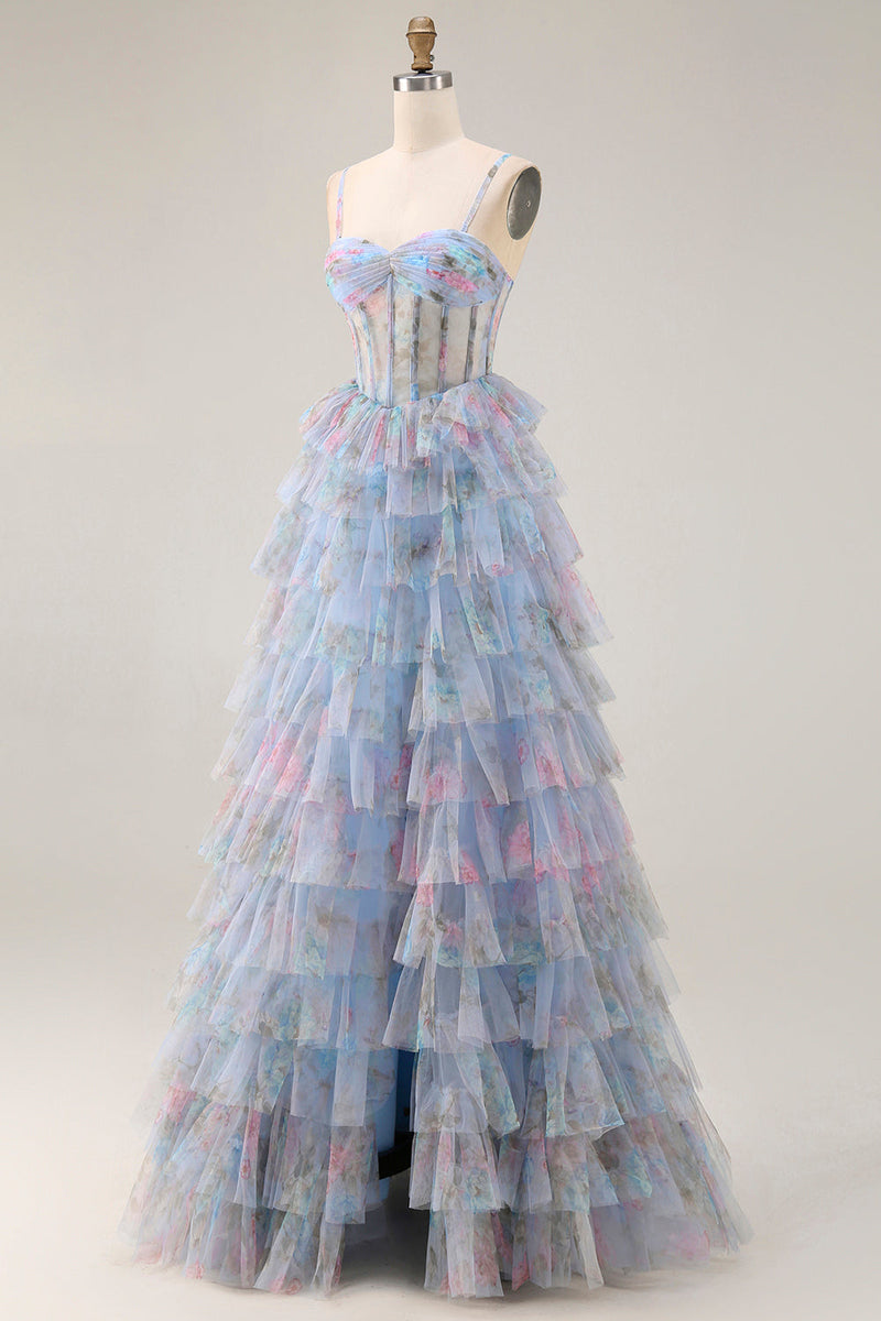 Laden Sie das Bild in den Galerie-Viewer, Blaues Geblümtes A-Linie Gestuftes Rüschen Korsett Langes Ballkleid mit Schlitz