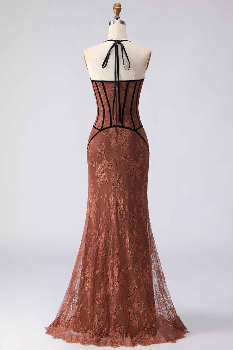 Laden Sie das Bild in den Galerie-Viewer, Neckholder Meerjungfrauen Braunes Langes Ballkleid mit Spitze