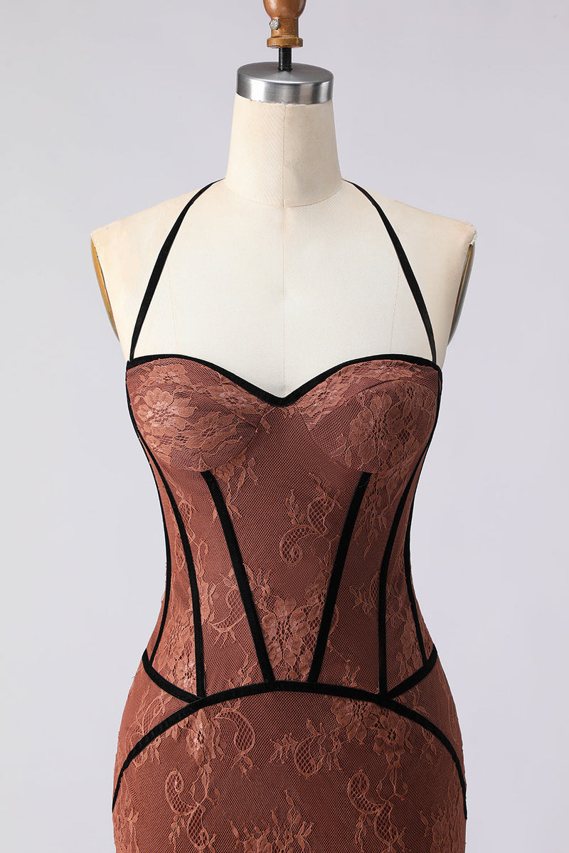 Laden Sie das Bild in den Galerie-Viewer, Neckholder Meerjungfrauen Braunes Langes Ballkleid mit Spitze