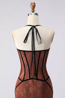 Laden Sie das Bild in den Galerie-Viewer, Neckholder Meerjungfrauen Braunes Langes Ballkleid mit Spitze