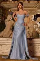 Laden Sie das Bild in den Galerie-Viewer, Glitzerndes Staubiges Blaues Meerjungfrauen Korsett Satin Langes Ballkleid mit Schlitz