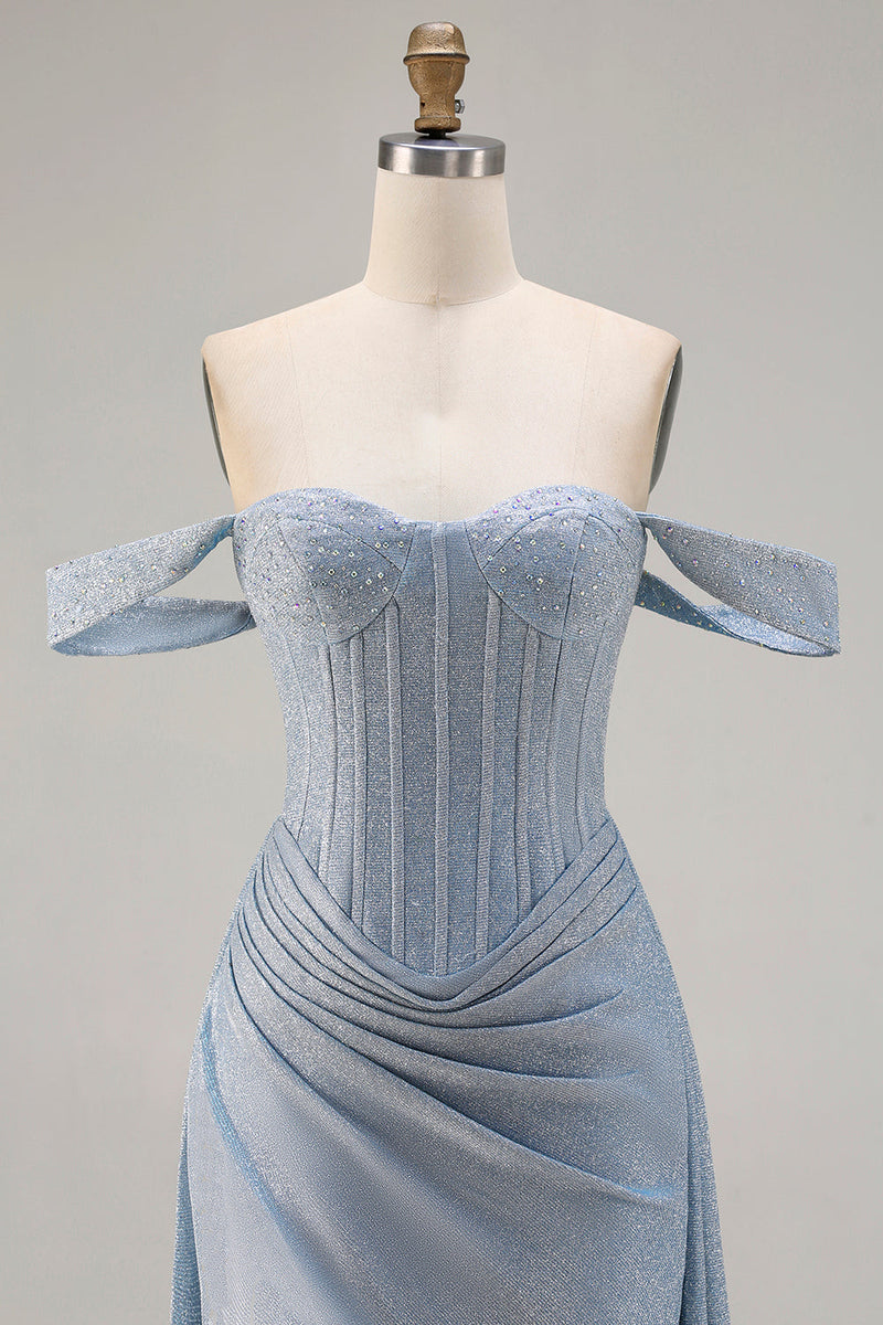 Laden Sie das Bild in den Galerie-Viewer, Glitzerndes Sschulterfreies Meerjungfrauen Korsett Staubblaues Satin Langes Ballkleid mit Schlitz