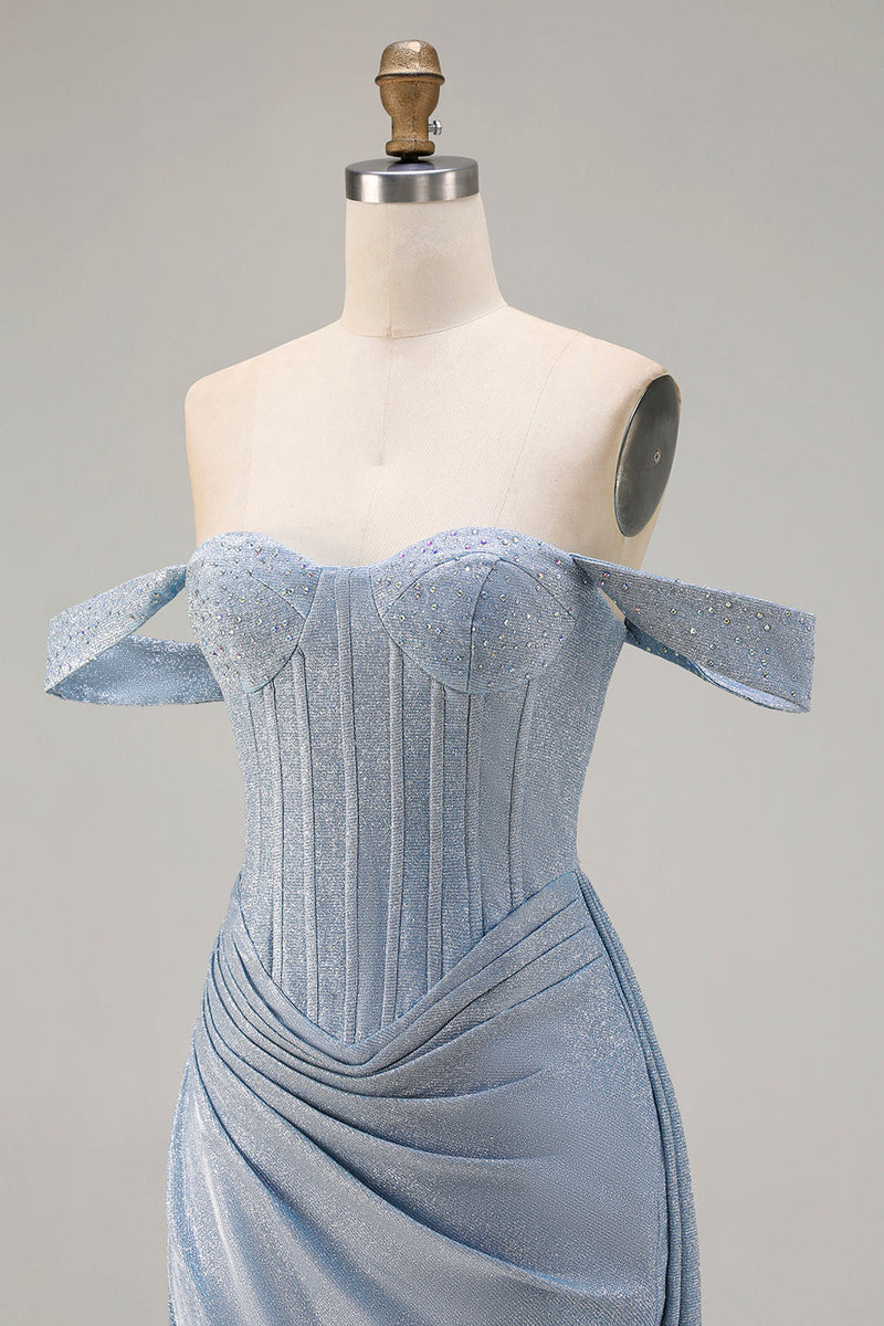 Laden Sie das Bild in den Galerie-Viewer, Glitzerndes Sschulterfreies Meerjungfrauen Korsett Staubblaues Satin Langes Ballkleid mit Schlitz