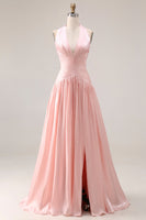 Laden Sie das Bild in den Galerie-Viewer, Neckholder Blush Rosa A-Linie Falten Langes Ballkleid mit Schlitz