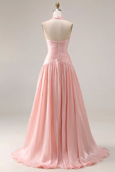 Neckholder Blush Rosa A-Linie Falten Langes Ballkleid mit Schlitz