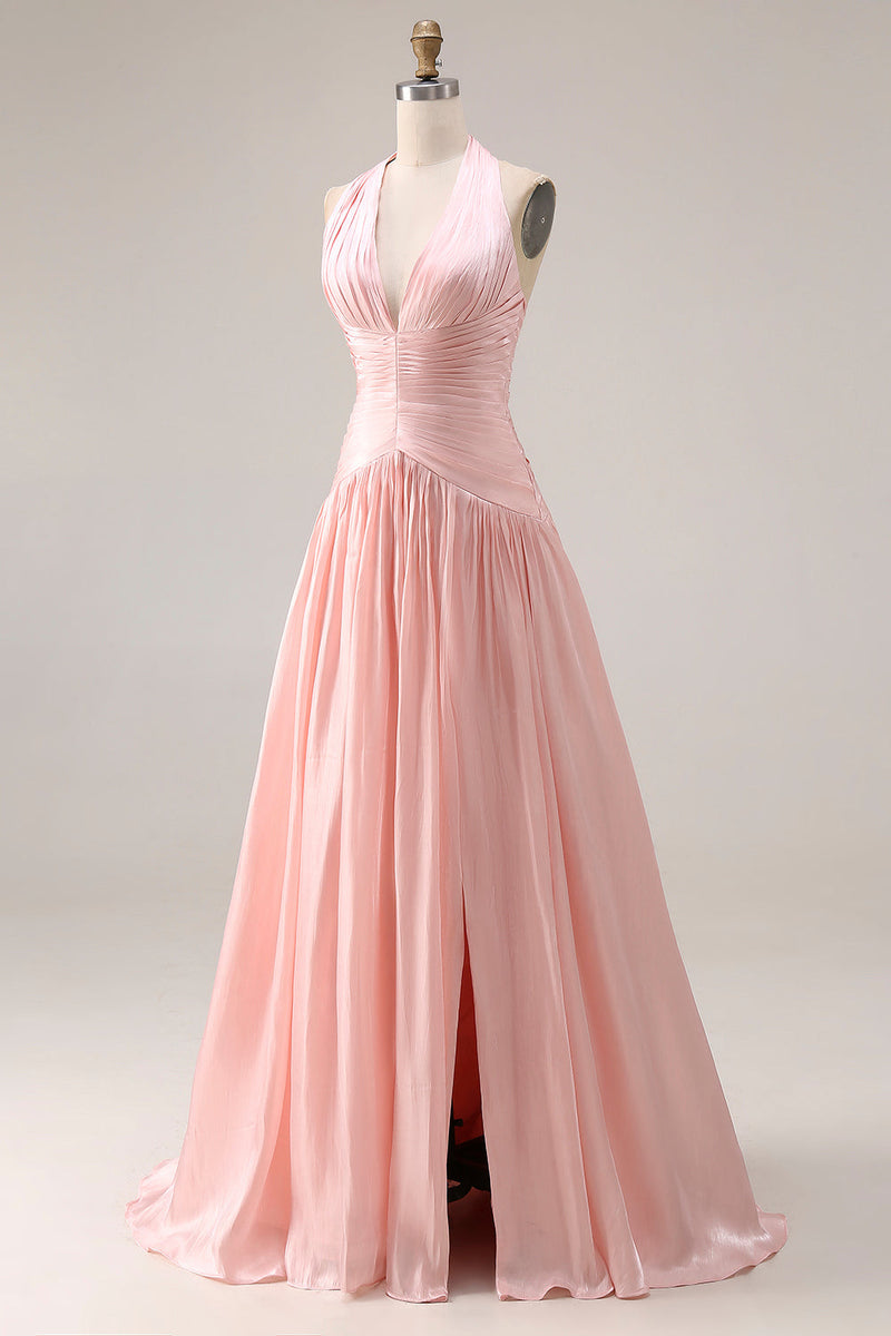 Laden Sie das Bild in den Galerie-Viewer, Neckholder Blush Rosa A-Linie Falten Langes Ballkleid mit Schlitz