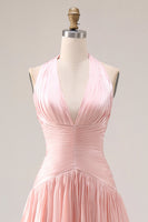 Laden Sie das Bild in den Galerie-Viewer, Neckholder Blush Rosa A-Linie Falten Langes Ballkleid mit Schlitz