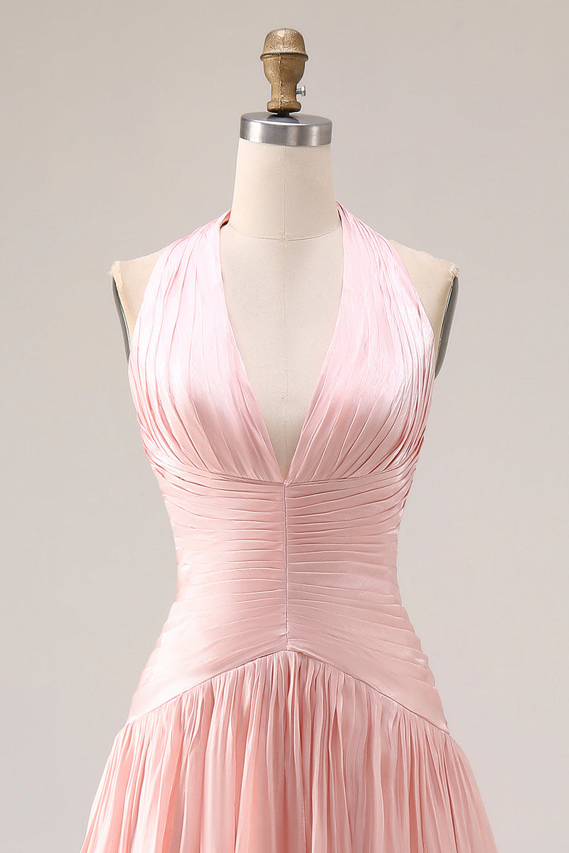 Laden Sie das Bild in den Galerie-Viewer, Neckholder Blush Rosa A-Linie Falten Langes Ballkleid mit Schlitz