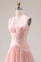 Laden Sie das Bild in den Galerie-Viewer, Neckholder Blush Rosa A-Linie Falten Langes Ballkleid mit Schlitz
