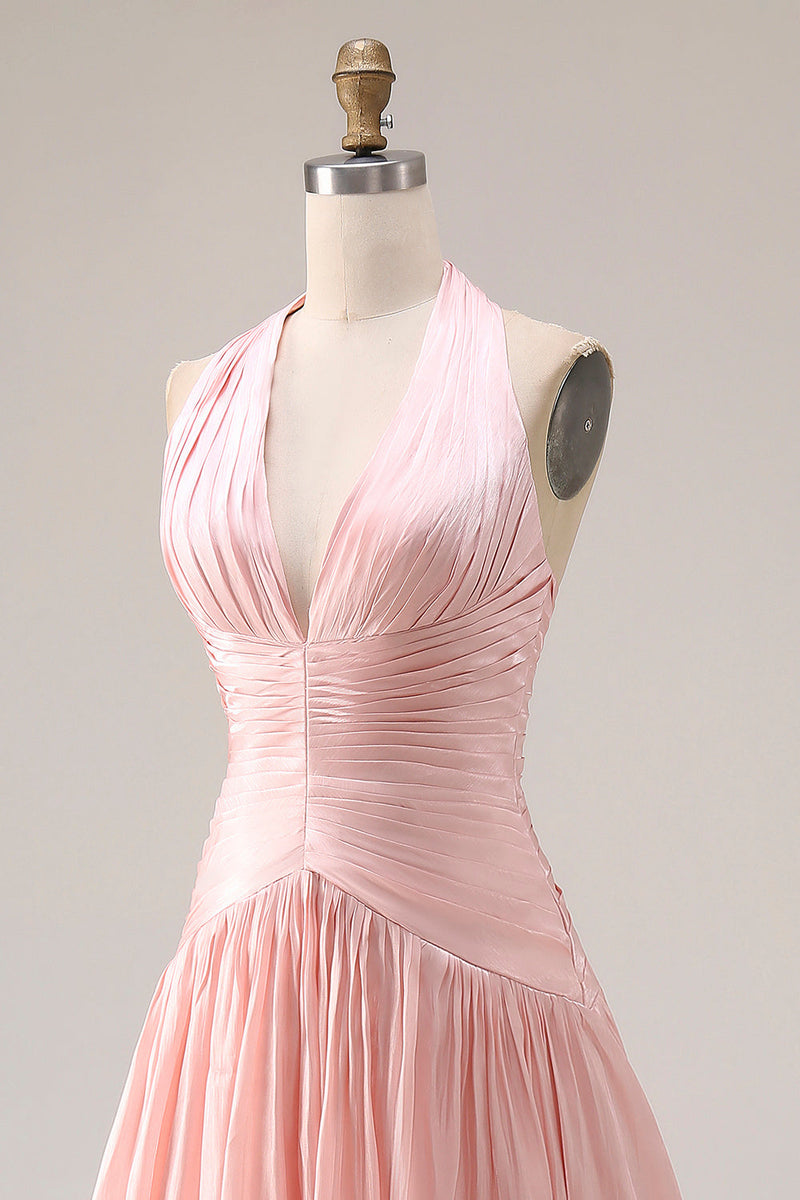 Laden Sie das Bild in den Galerie-Viewer, Neckholder Blush Rosa A-Linie Falten Langes Ballkleid mit Schlitz