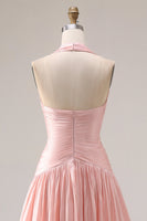 Laden Sie das Bild in den Galerie-Viewer, Neckholder Blush Rosa A-Linie Falten Langes Ballkleid mit Schlitz