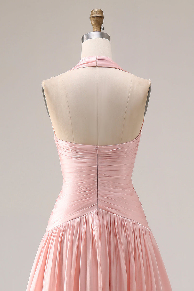 Laden Sie das Bild in den Galerie-Viewer, Neckholder Blush Rosa A-Linie Falten Langes Ballkleid mit Schlitz