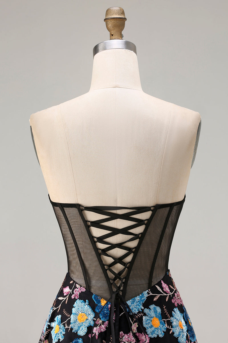 Laden Sie das Bild in den Galerie-Viewer, Trägerloses Schwarzes A-Linie Transparentes Korsett Blumenmuster Langes Ballkleid mit Schlitz