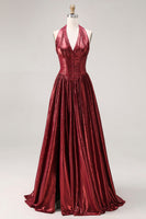 Laden Sie das Bild in den Galerie-Viewer, Burgundergrünes Metallic-A-Line-Neckholder-Korsett, langes Abschlussballkleid mit Schlitz
