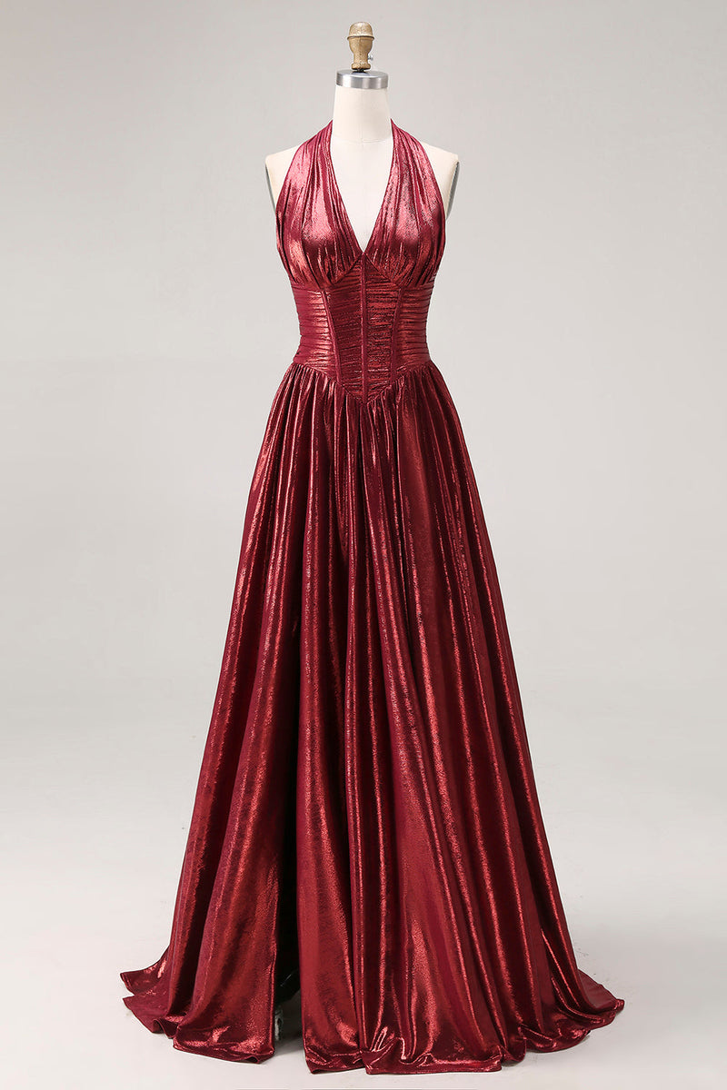 Laden Sie das Bild in den Galerie-Viewer, Burgundergrünes Metallic-A-Line-Neckholder-Korsett, langes Abschlussballkleid mit Schlitz