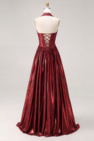 Laden Sie das Bild in den Galerie-Viewer, Burgundergrünes Metallic-A-Line-Neckholder-Korsett, langes Abschlussballkleid mit Schlitz