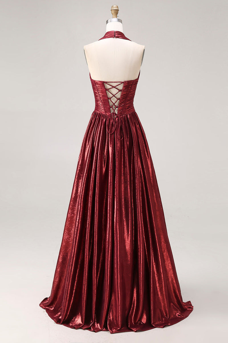 Laden Sie das Bild in den Galerie-Viewer, Burgundergrünes Metallic-A-Line-Neckholder-Korsett, langes Abschlussballkleid mit Schlitz
