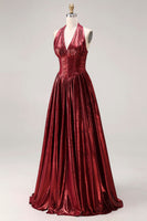 Laden Sie das Bild in den Galerie-Viewer, Burgundergrünes Metallic-A-Line-Neckholder-Korsett, langes Abschlussballkleid mit Schlitz