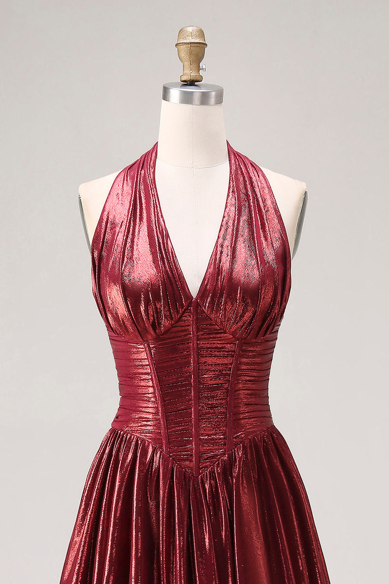 Laden Sie das Bild in den Galerie-Viewer, Burgundergrünes Metallic-A-Line-Neckholder-Korsett, langes Abschlussballkleid mit Schlitz