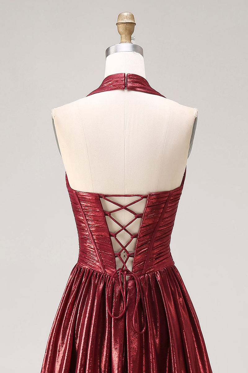 Laden Sie das Bild in den Galerie-Viewer, Burgundergrünes Metallic-A-Line-Neckholder-Korsett, langes Abschlussballkleid mit Schlitz