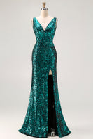 Laden Sie das Bild in den Galerie-Viewer, Glitzerndes Pfauengrünes Meerjungfrauen Pailletten Abendkleid mit offenem Rücken und Schlitz
