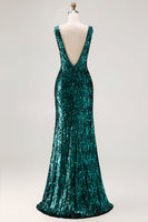 Laden Sie das Bild in den Galerie-Viewer, Glitzerndes Pfauengrünes Meerjungfrauen Pailletten Abendkleid mit offenem Rücken und Schlitz