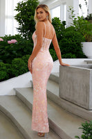 Laden Sie das Bild in den Galerie-Viewer, Blush Rosa Pailletten Korsett Spaghettiträger Langes Ballkleid