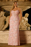 Laden Sie das Bild in den Galerie-Viewer, Blush Rosa Pailletten Korsett Spaghettiträger Langes Ballkleid