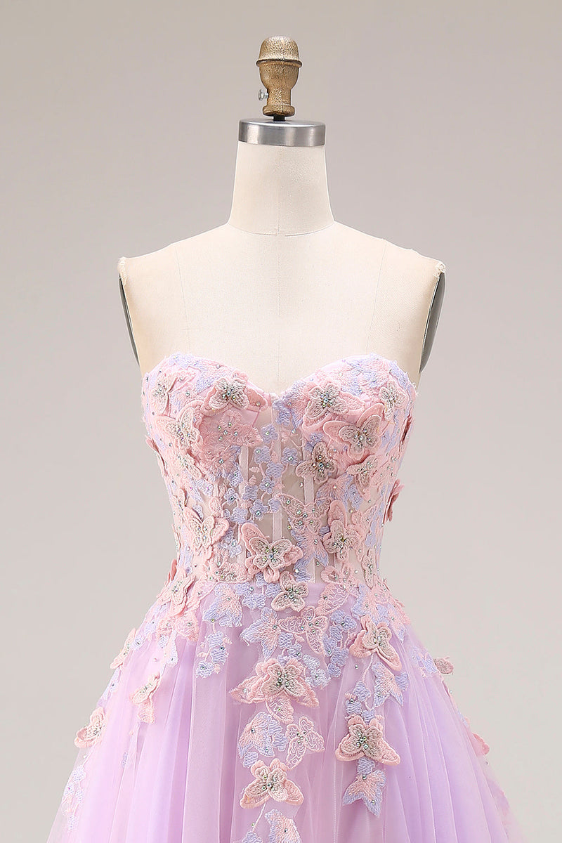 Laden Sie das Bild in den Galerie-Viewer, Herzausschnitt Lila Tüll A-Linie Appliquiertes Langes Ballkleid mit Schlitz