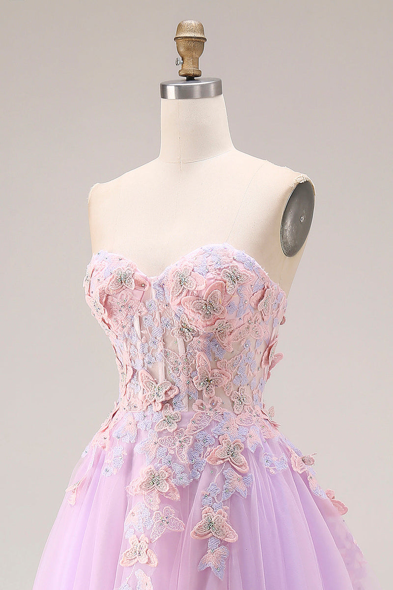 Laden Sie das Bild in den Galerie-Viewer, Herzausschnitt Lila Tüll A-Linie Appliquiertes Langes Ballkleid mit Schlitz