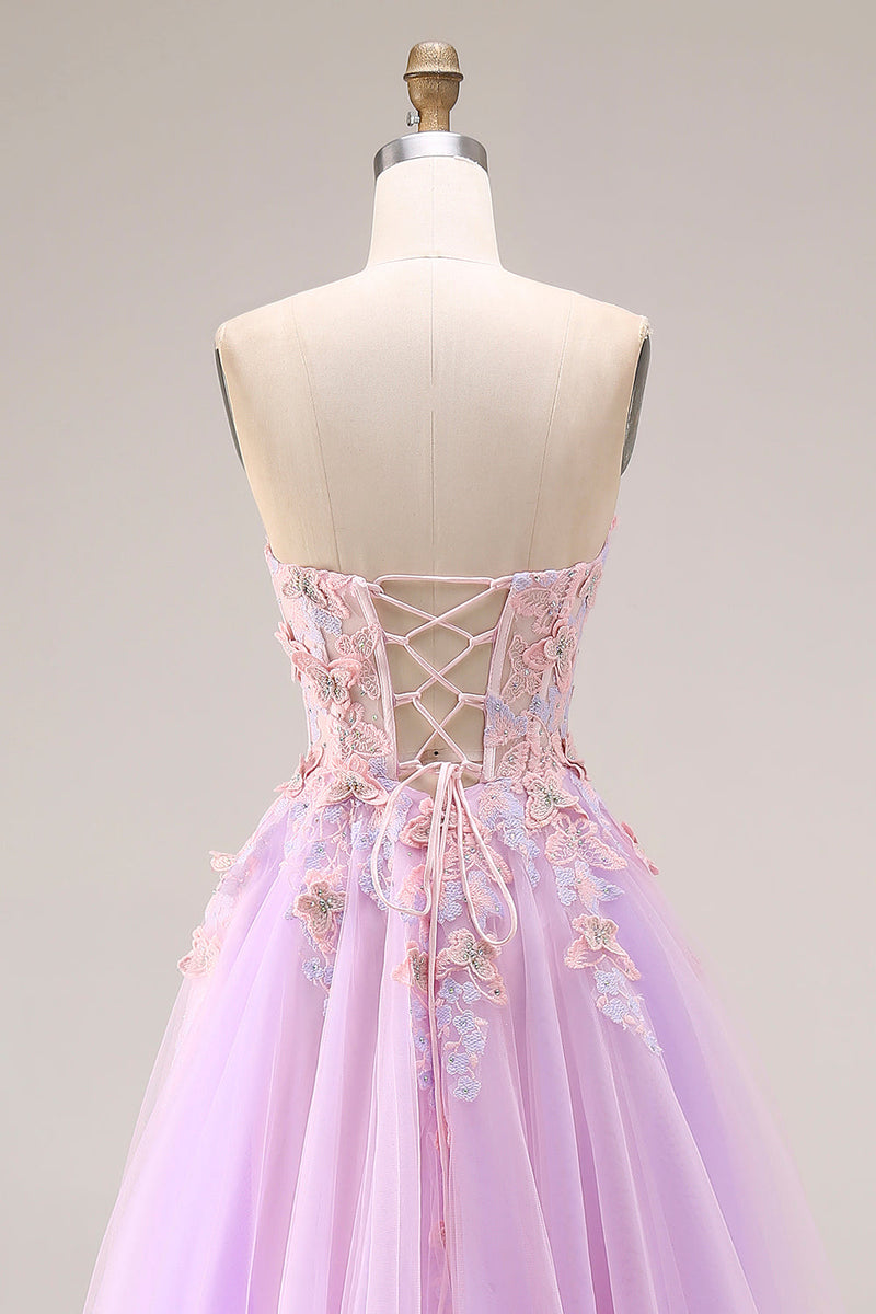 Laden Sie das Bild in den Galerie-Viewer, Herzausschnitt Lila Tüll A-Linie Appliquiertes Langes Ballkleid mit Schlitz