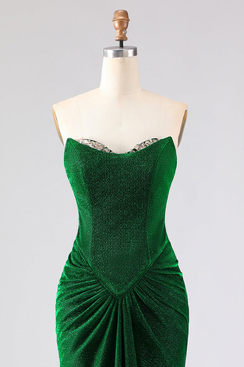 Laden Sie das Bild in den Galerie-Viewer, Trägerloses Meerjungfrauen Dunkelgrünes Gerafftes Satin Langes Ballkleid mit Schnürung