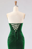 Laden Sie das Bild in den Galerie-Viewer, Trägerloses Meerjungfrauen Dunkelgrünes Gerafftes Satin Langes Ballkleid mit Schnürung