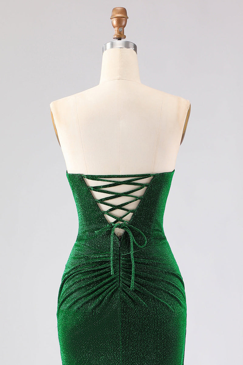 Laden Sie das Bild in den Galerie-Viewer, Trägerloses Meerjungfrauen Dunkelgrünes Gerafftes Satin Langes Ballkleid mit Schnürung