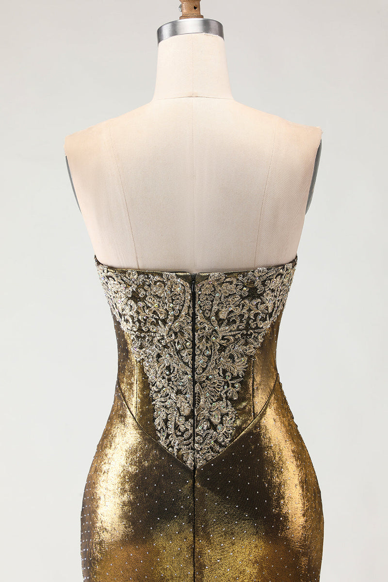 Laden Sie das Bild in den Galerie-Viewer, Metallisches Bronzefarbenes Meerjungfrauen Trägerloses Langes Ballkleid mit Perlen und Schlitz