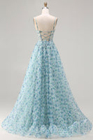 Laden Sie das Bild in den Galerie-Viewer, Trägerloses Blaues Blumenmuster A-Linie Strasssteinen Wandelbares Langes Ballkleid mit Schlitz