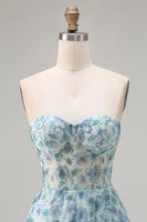 Laden Sie das Bild in den Galerie-Viewer, Trägerloses Blaues Blumenmuster A-Linie Strasssteinen Wandelbares Langes Ballkleid mit Schlitz