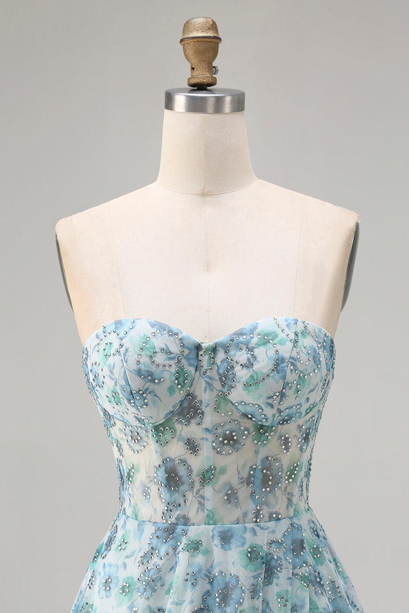 Laden Sie das Bild in den Galerie-Viewer, Trägerloses Blaues Blumenmuster A-Linie Strasssteinen Wandelbares Langes Ballkleid mit Schlitz