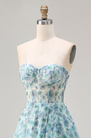 Laden Sie das Bild in den Galerie-Viewer, Trägerloses Blaues Blumenmuster A-Linie Strasssteinen Wandelbares Langes Ballkleid mit Schlitz